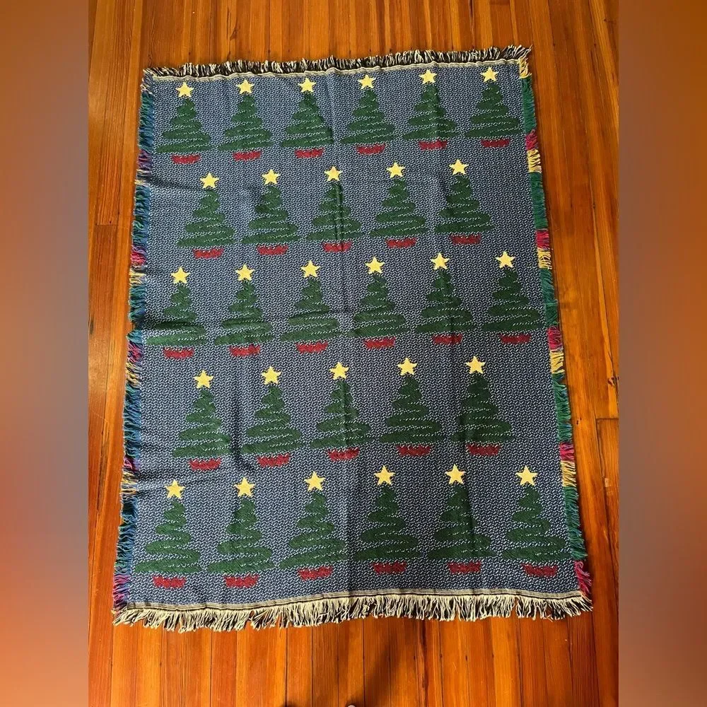 Vintage Christmas Tree Throw Afghan Tapestry Wall Hanging Holiday 65 In X 48 In